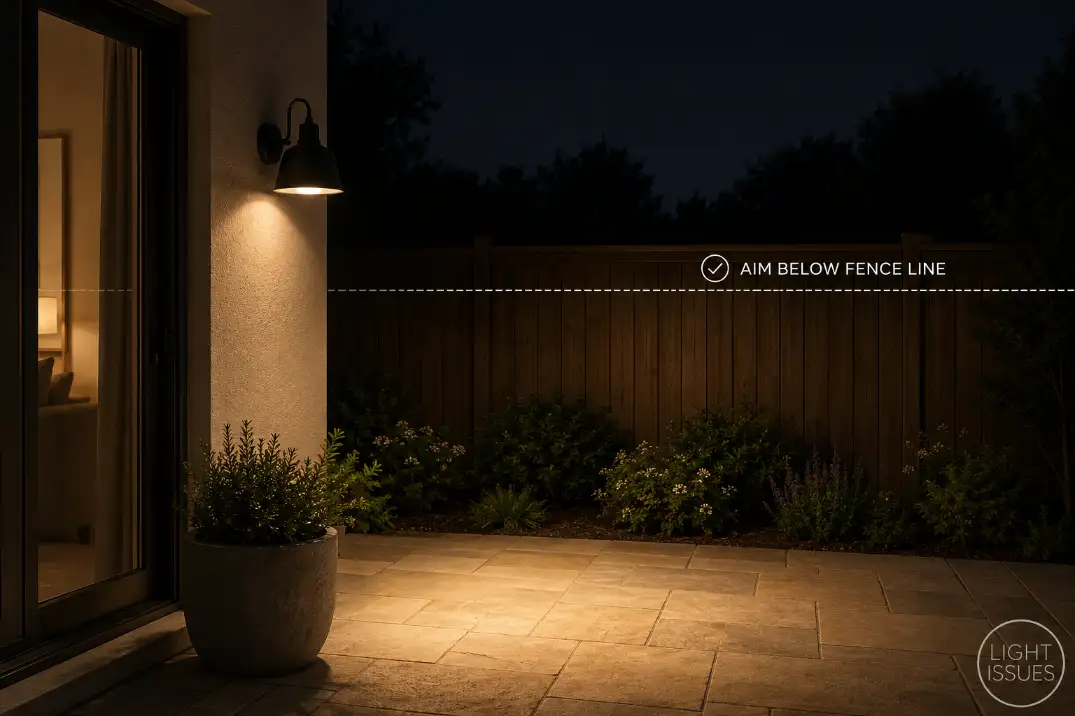 Shielded backyard wall light aimed below the fence line to prevent floodlight glare and protect privacy.