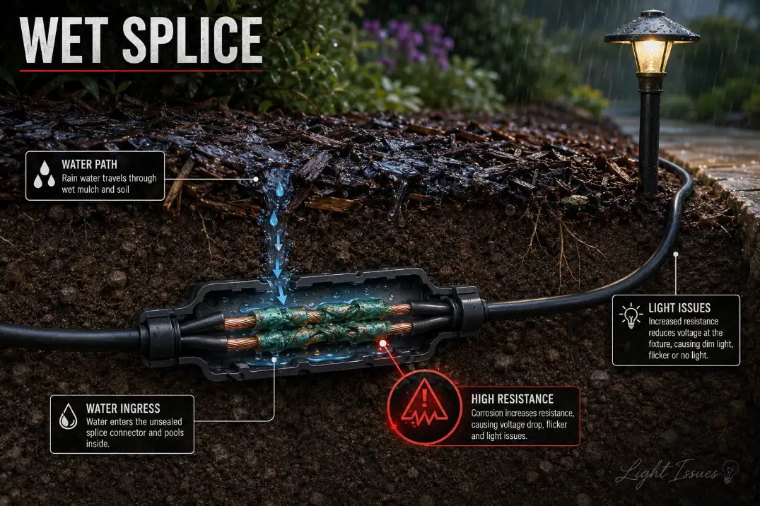 Cutaway of a wet buried low voltage lighting splice with water intrusion and corroded copper causing resistance and light failure.