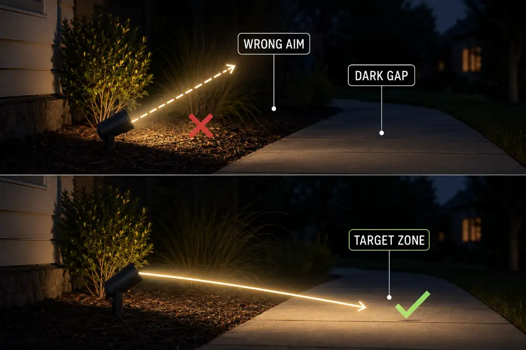 Premium diagram showing an outdoor light beam missing the walkway and the corrected beam hitting the target zone.