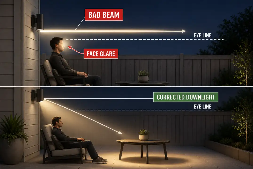 Diagram showing a patio wall light beam crossing seated eye level and the corrected downlight path aimed at the table and floor.