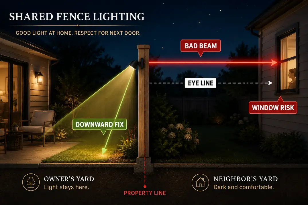 Side-view diagram of a shared fence light sending a bad horizontal beam toward a neighbor window versus a corrected downward beam.