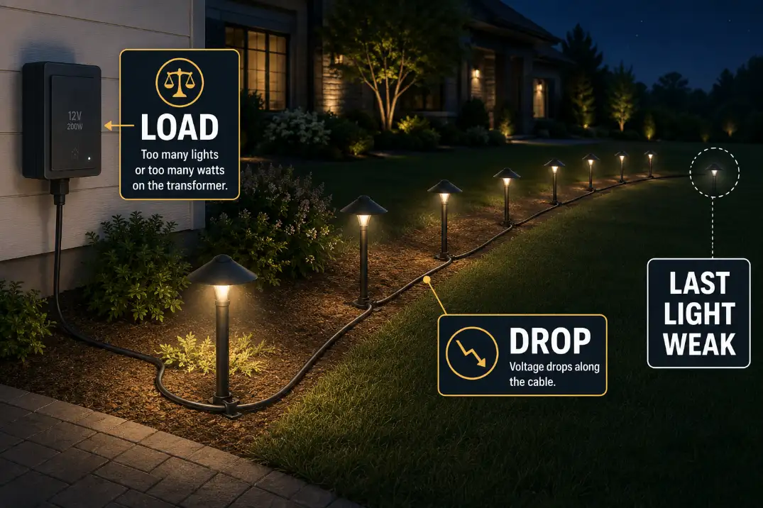 Top-down diagram showing transformer load and voltage drop along a low-voltage landscape lighting cable run.