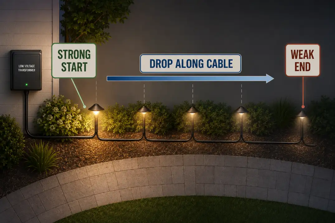 Diagram showing voltage drop along one low-voltage landscape lighting cable run from strong first fixture to weak last fixture.