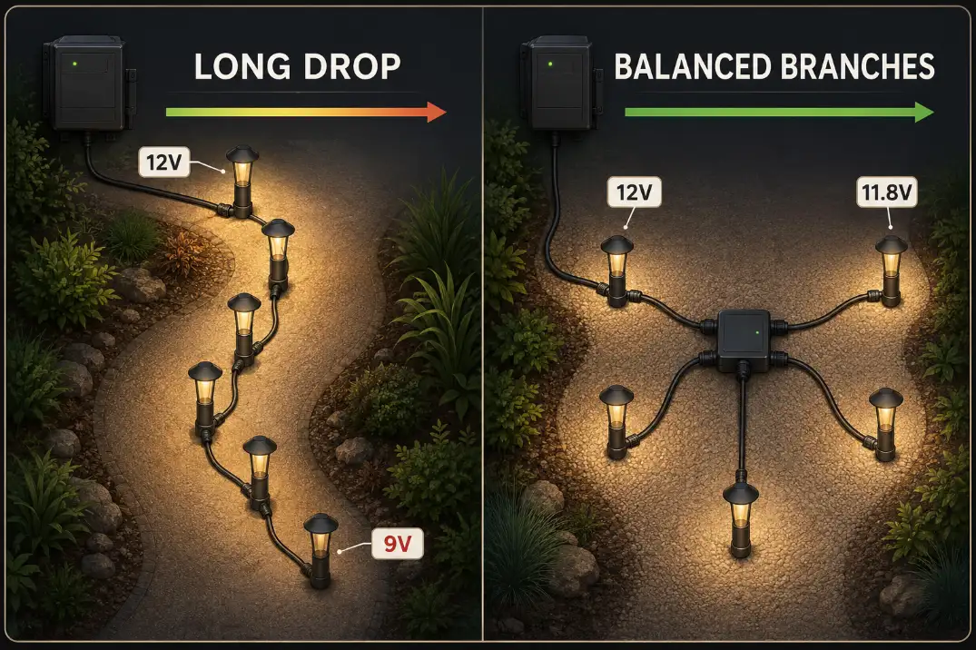Diagram showing voltage drop along a daisy chain landscape lighting cable compared with more balanced voltage from hub branch wiring.