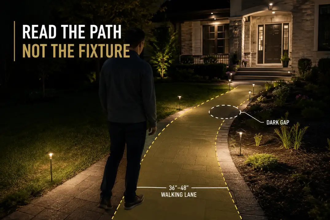Night view of pathway lights with an overlay showing the readable walking lane and a dark gap between fixtures.