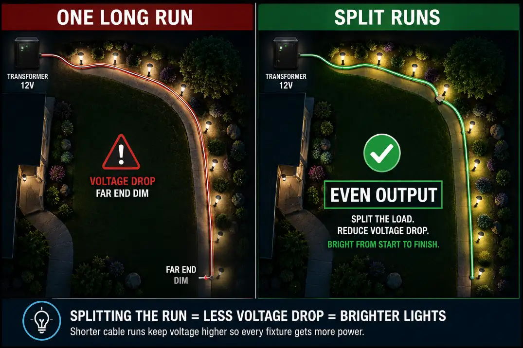 Overhead diagram showing one long landscape lighting cable run changed to split runs for more even voltage after adding fixtures.