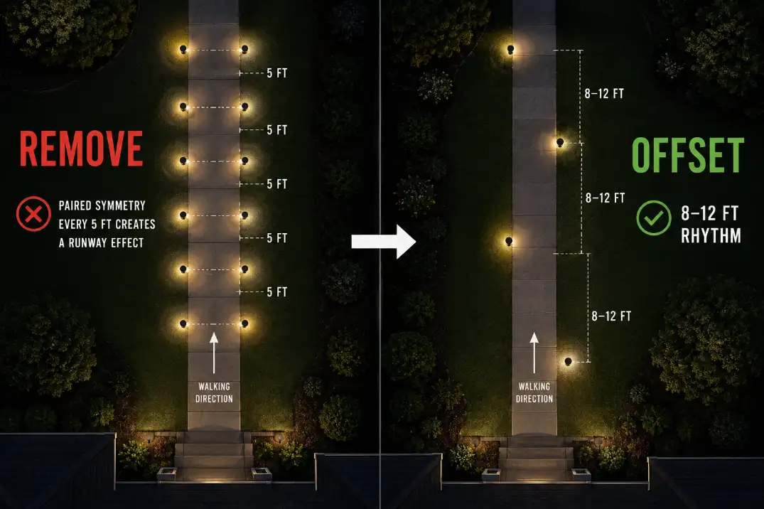 Overhead diagram showing paired path lights removed and offset into wider staggered spacing to reduce a runway effect.