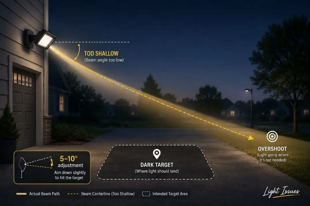 Premium diagram showing an outdoor floodlight beam overshooting the driveway target area because the aiming angle is too shallow.