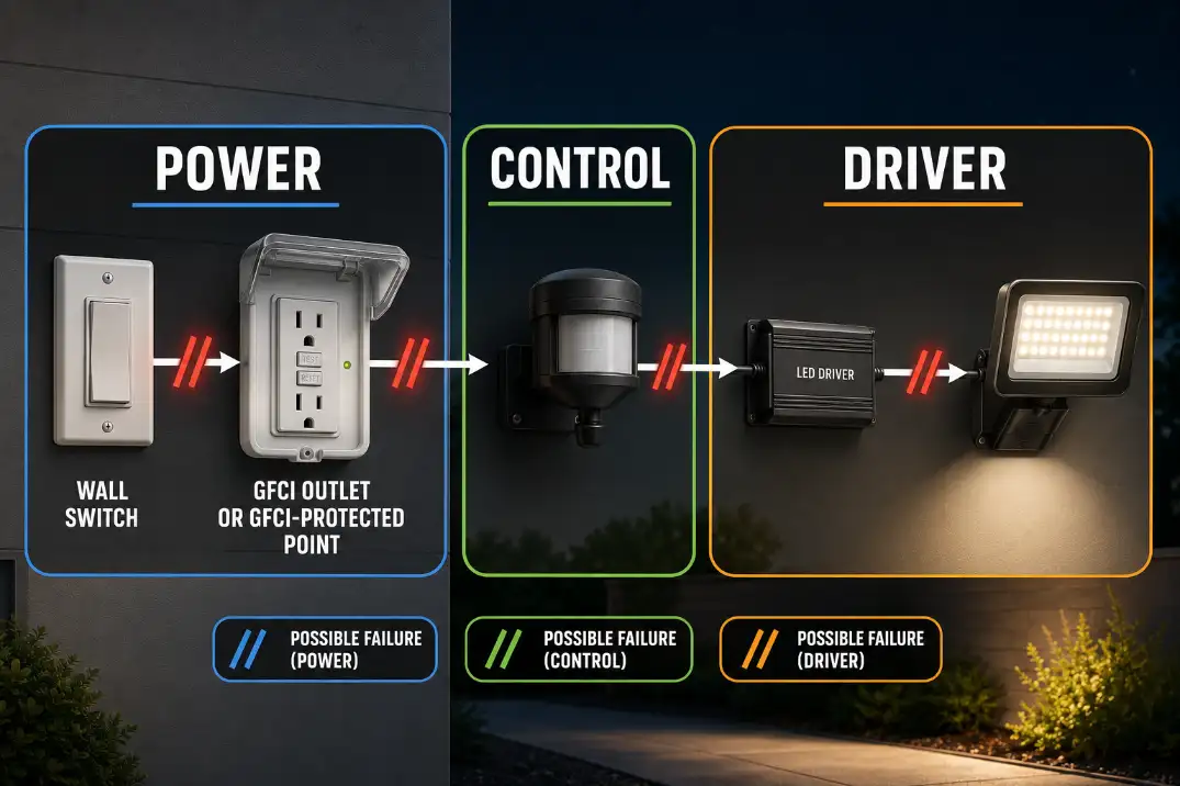 Diagram showing outdoor flood light failure points through power, control, and LED driver stages before the fixture turns on.