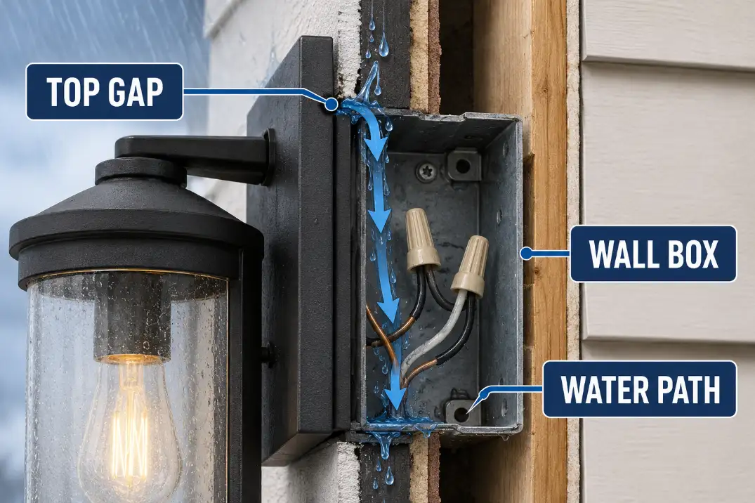 Diagram showing rain entering through the top gap of an outdoor wall light and reaching the wall box connections.