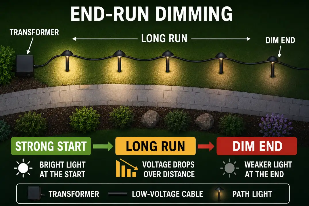 Diagram showing a long low-voltage pathway light run with stronger lights near the transformer and dimmer end fixtures