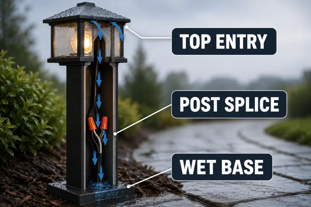 Side cutaway diagram of outdoor post light showing water entering the lantern and post base toward internal wire splices.