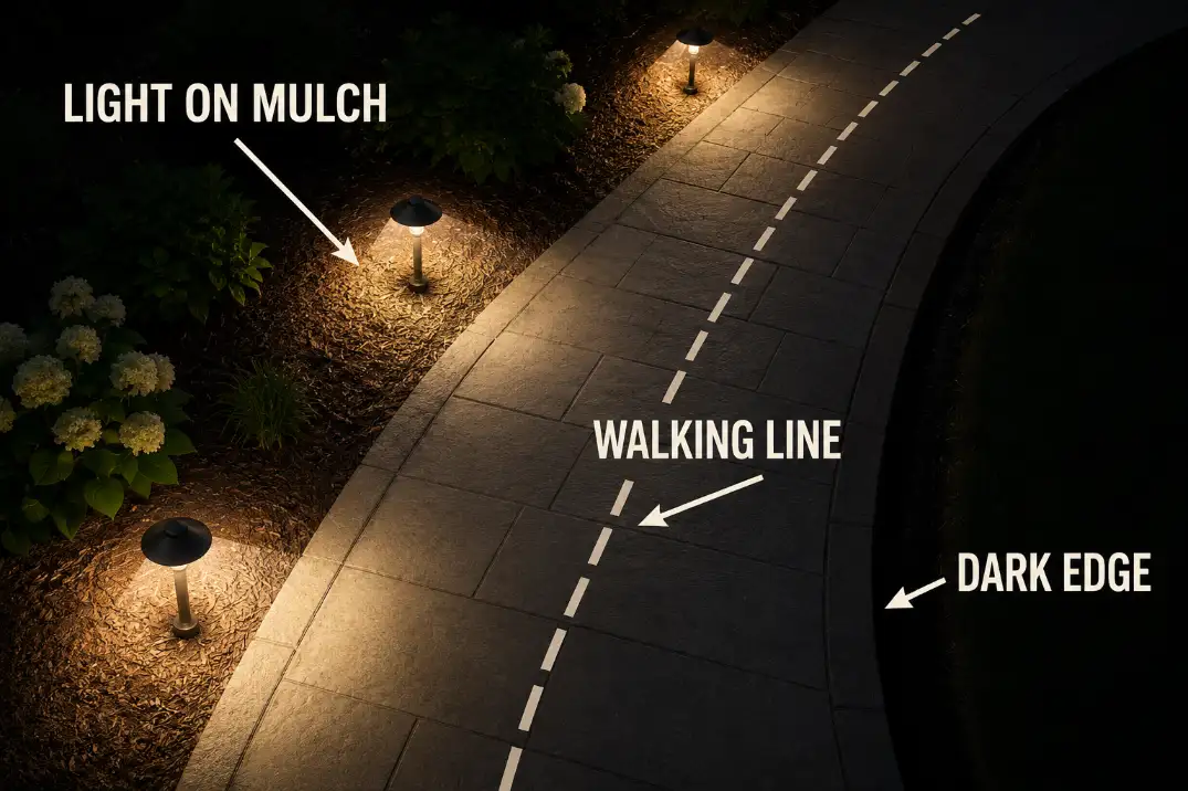 Overhead diagram showing path light beams landing on mulch while the walking line and path edge remain dark.