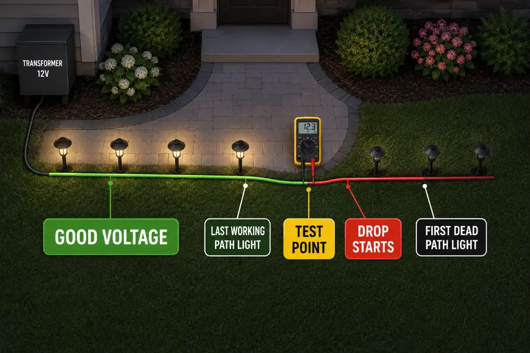Diagram showing transformer, cable run, last working path light, first dead path light, and the test point where voltage drops.