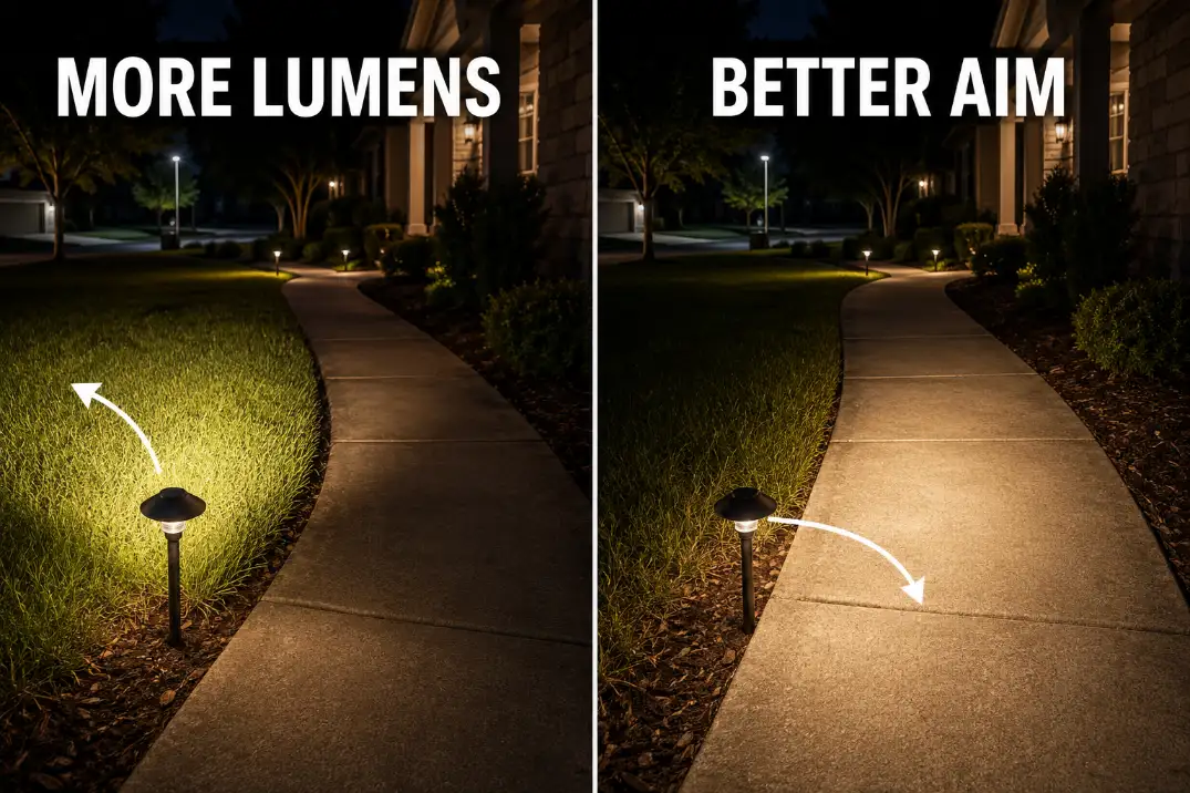Comparison of a brighter path light still shining into grass versus a correctly aimed path light covering the walkway.