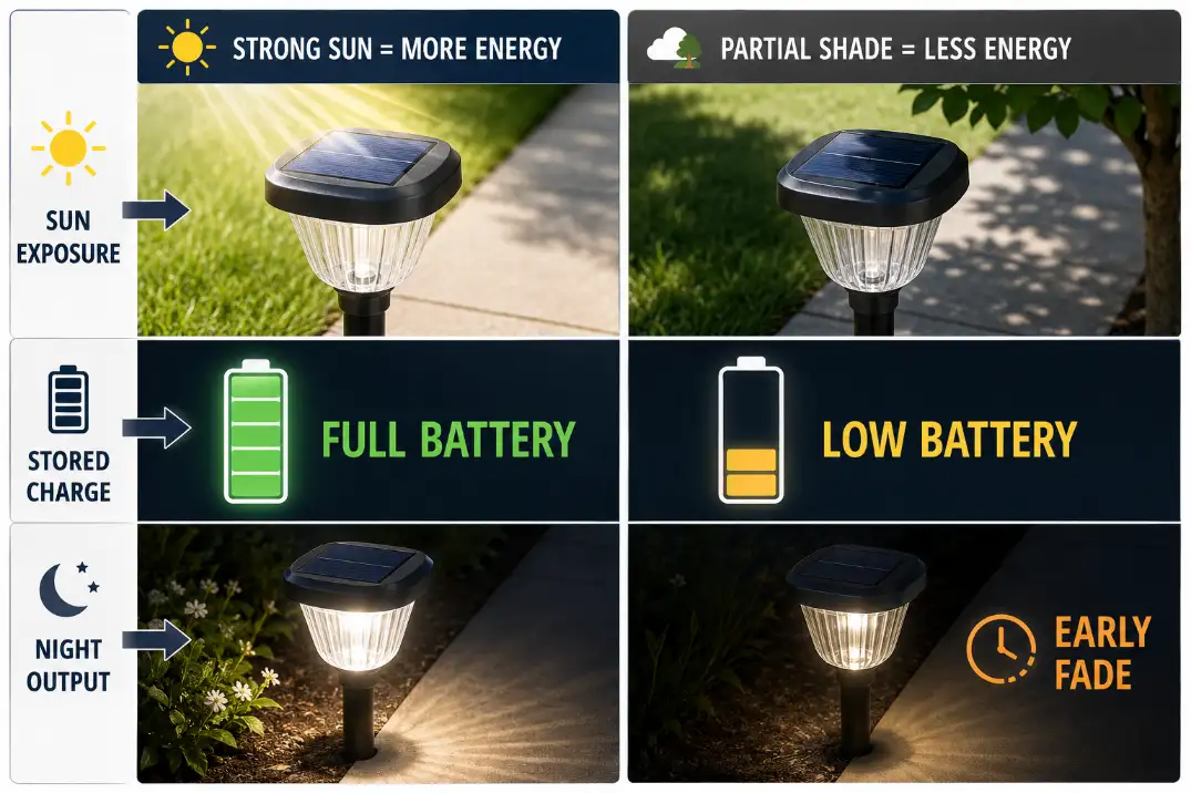 Diagram showing how two solar path lights store different battery charge levels and produce different nighttime brightness.