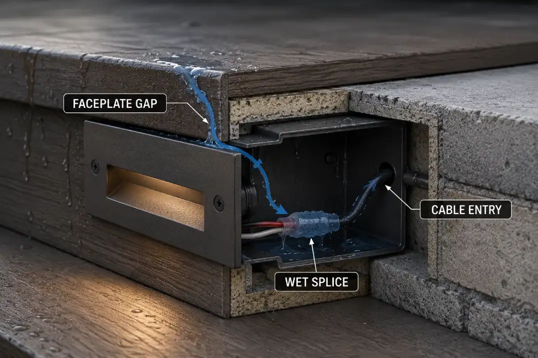 Cutaway of a recessed low voltage step light showing water entering around the faceplate and cable entry toward a wet splice.