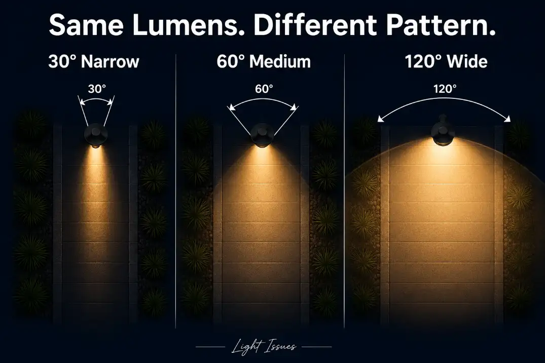 Premium diagram comparing 30 degree, 60 degree, and 120 degree outdoor light beam spreads with readable labels.