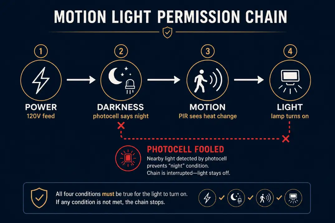 Premium block diagram showing power, darkness, motion, and light permission chain for an outdoor motion sensor light
