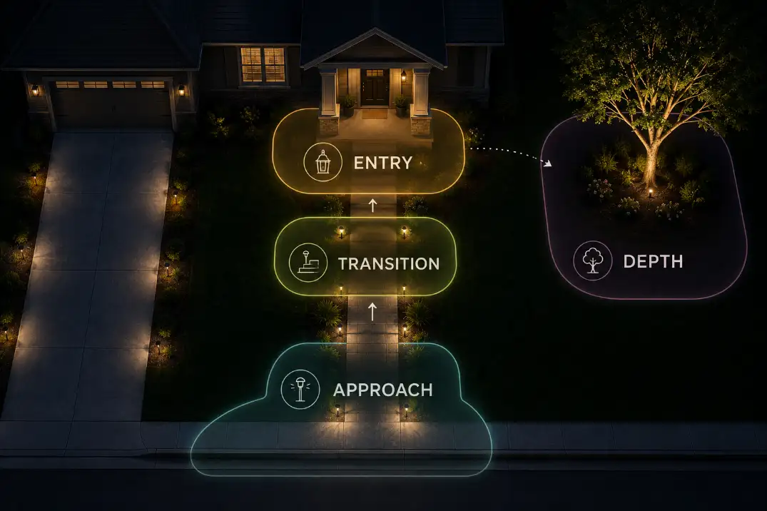 Before and after graphic showing front yard lighting improved by reducing glare and aiming fixtures toward the walkway.