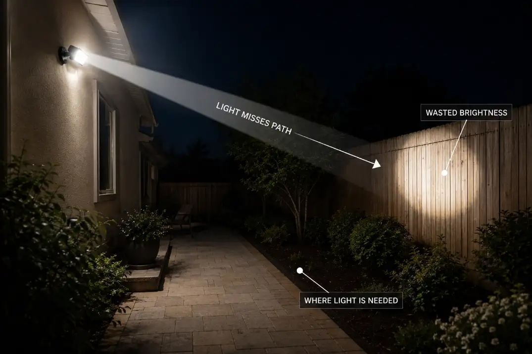 Backyard floodlight aimed too high with labeled overlay showing light missing the path and creating wasted brightness on the fence