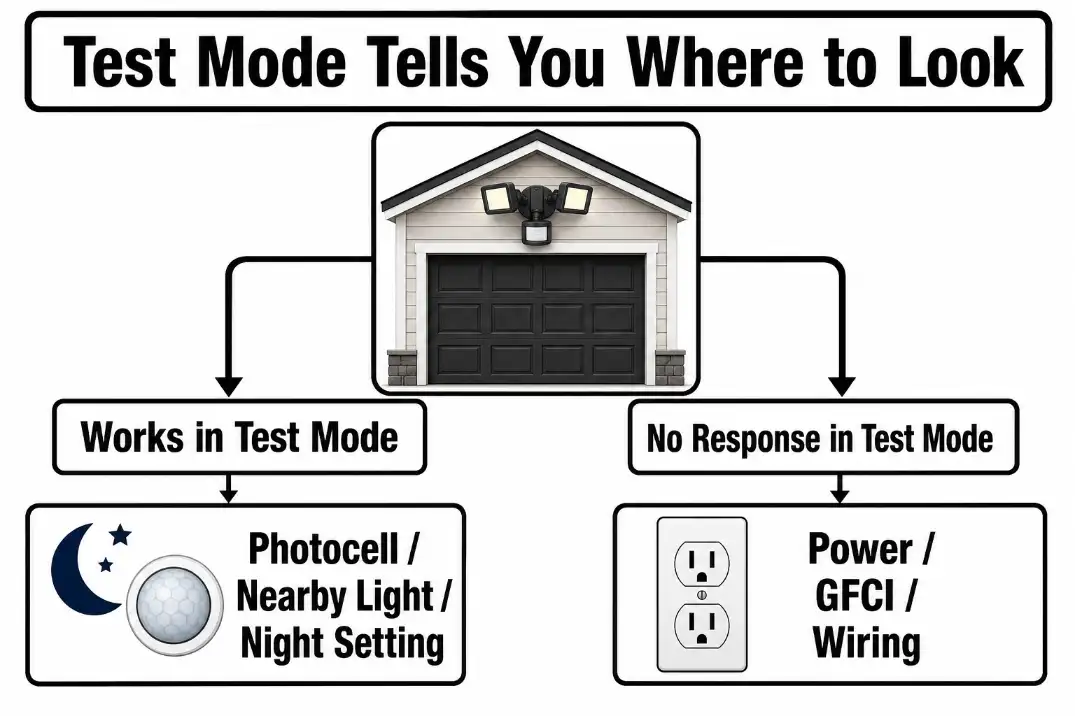 Troubleshooting diagram showing test mode results for outdoor motion sensor light problems
