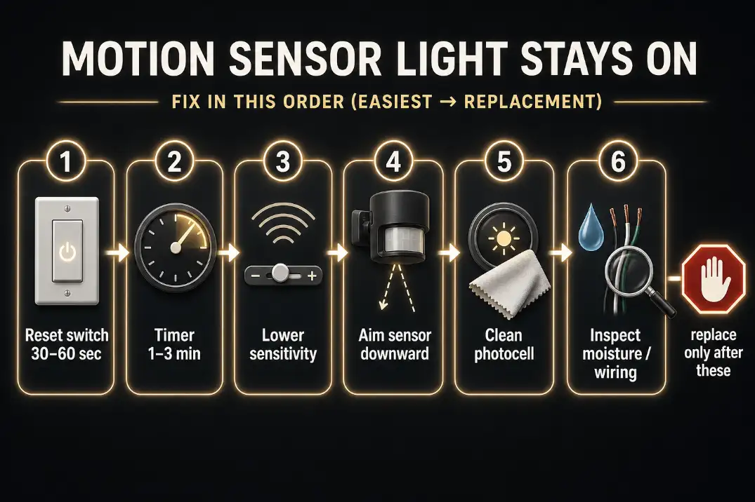 Troubleshooting flow diagram for fixing a motion sensor light that stays on all night.