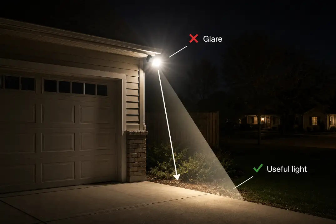 Premium instructional graphic showing garage floodlight glare corrected by aiming useful light down toward the driveway edge