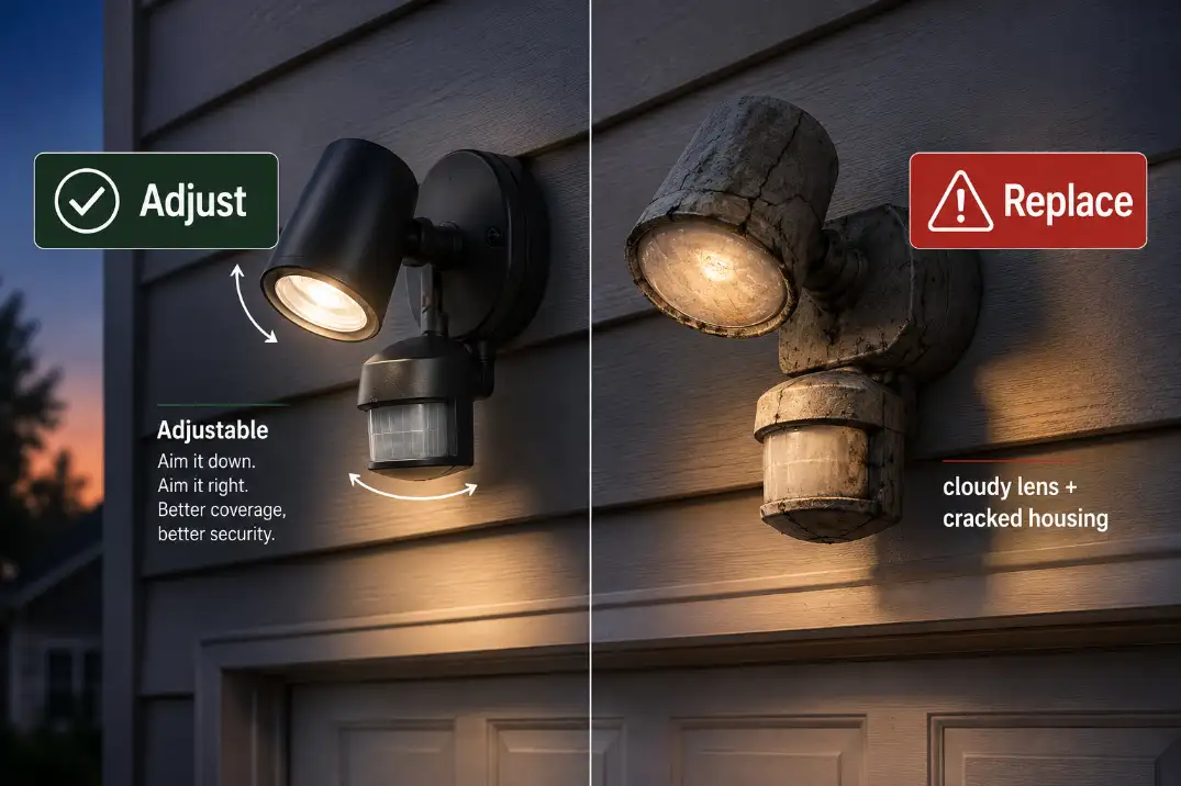 Comparison of an adjustable outdoor motion sensor light and a failing sensor with cloudy cracked lens that may need replacement