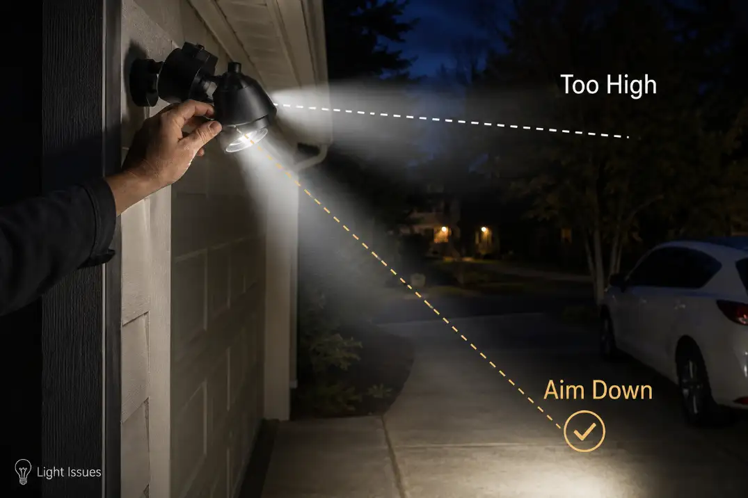 Outdoor floodlight being aimed downward with overlay showing the beam corrected from glare to driveway coverage