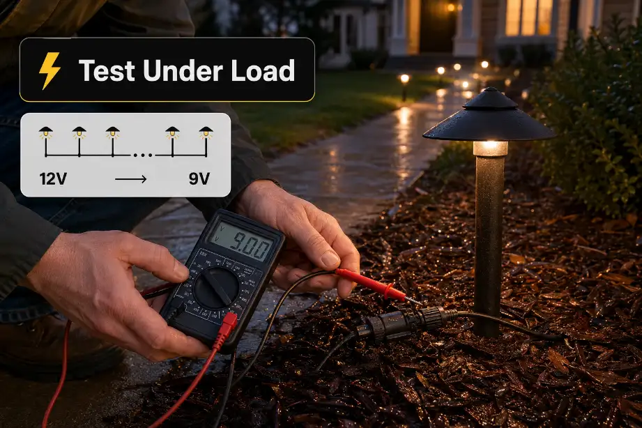 Premium instructional image showing voltage testing at the last low-voltage landscape light under load.