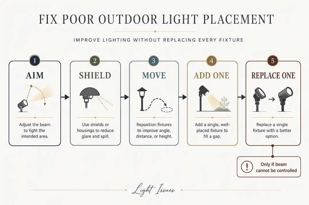 Premium decision diagram showing the order to fix poor outdoor light placement: aim, shield, move, add one light, or replace one fixture.