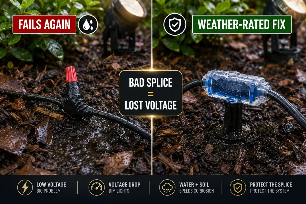 Premium comparison graphic showing a failed taped outdoor lighting splice versus a weather-rated waterproof connector repair.