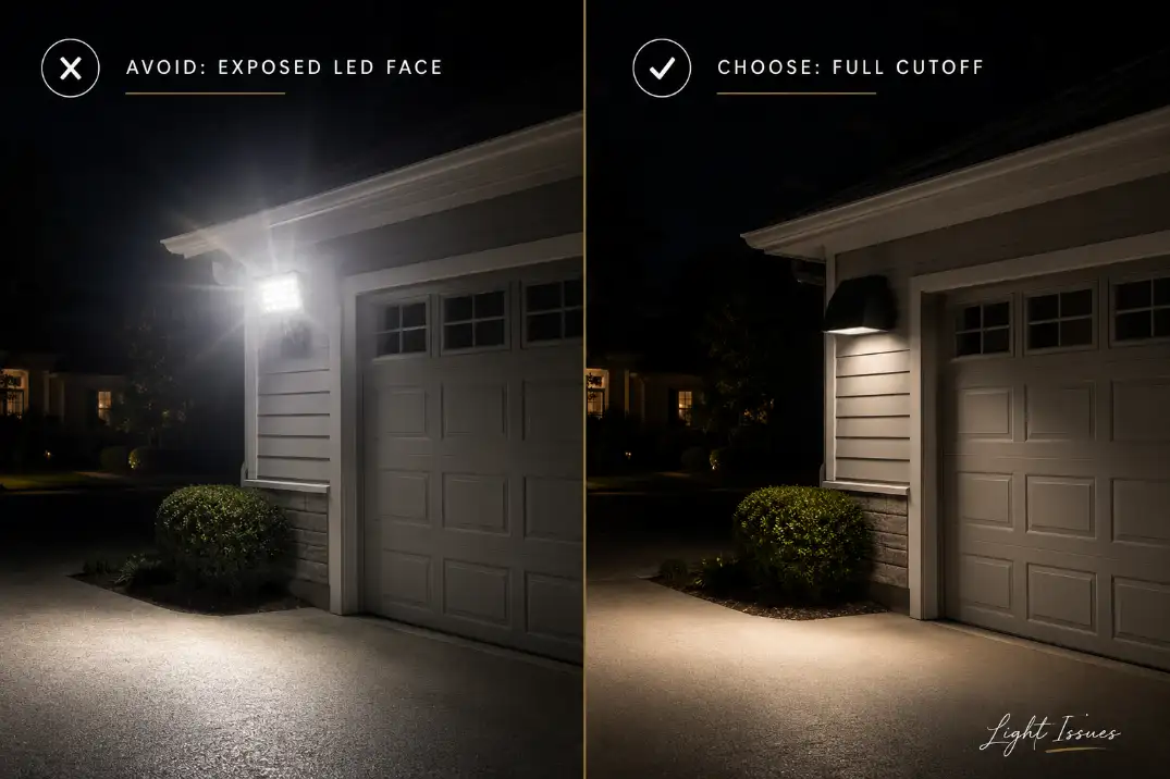 Premium comparison graphic showing an exposed LED floodlight to avoid and a full cutoff outdoor fixture to choose for reducing glare