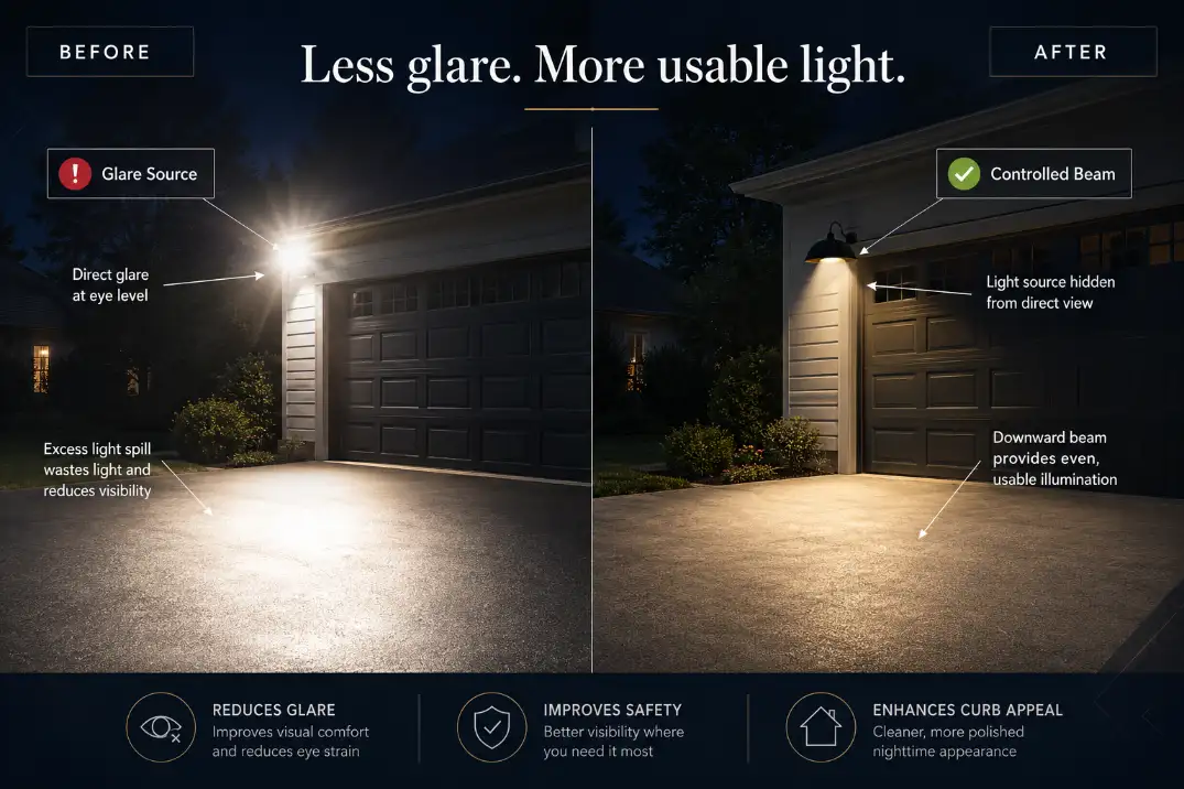 Before and after outdoor garage lighting showing glare reduced by replacing an exposed floodlight with a shielded downward fixture.