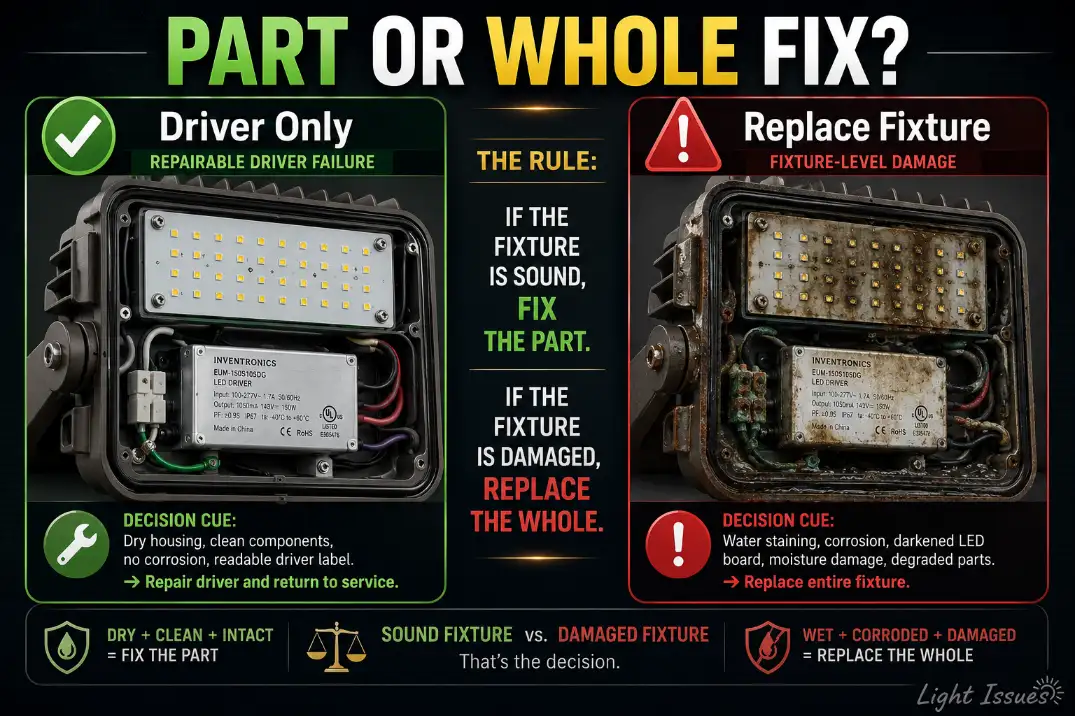Comparison showing when to replace only an outdoor LED driver versus when water damage and corrosion make full fixture replacement smarter.