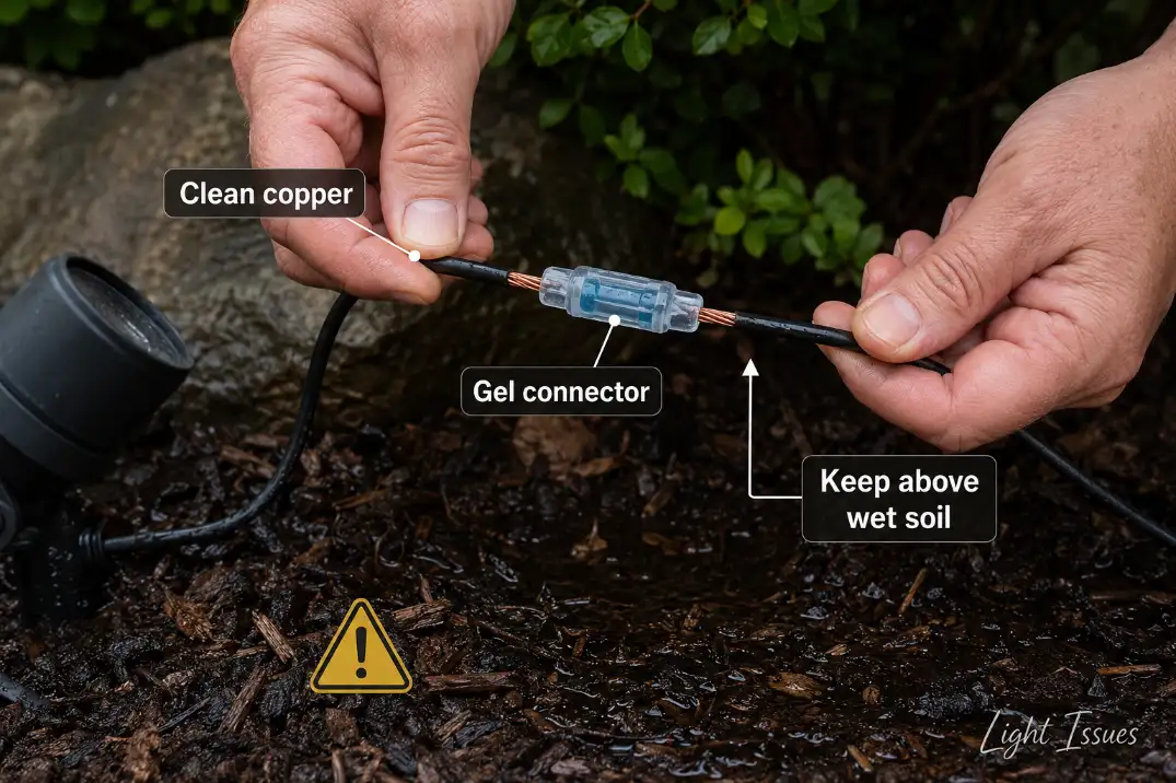Outdoor landscape lighting splice repaired with waterproof connector and kept above wet soil to prevent LED flickering.