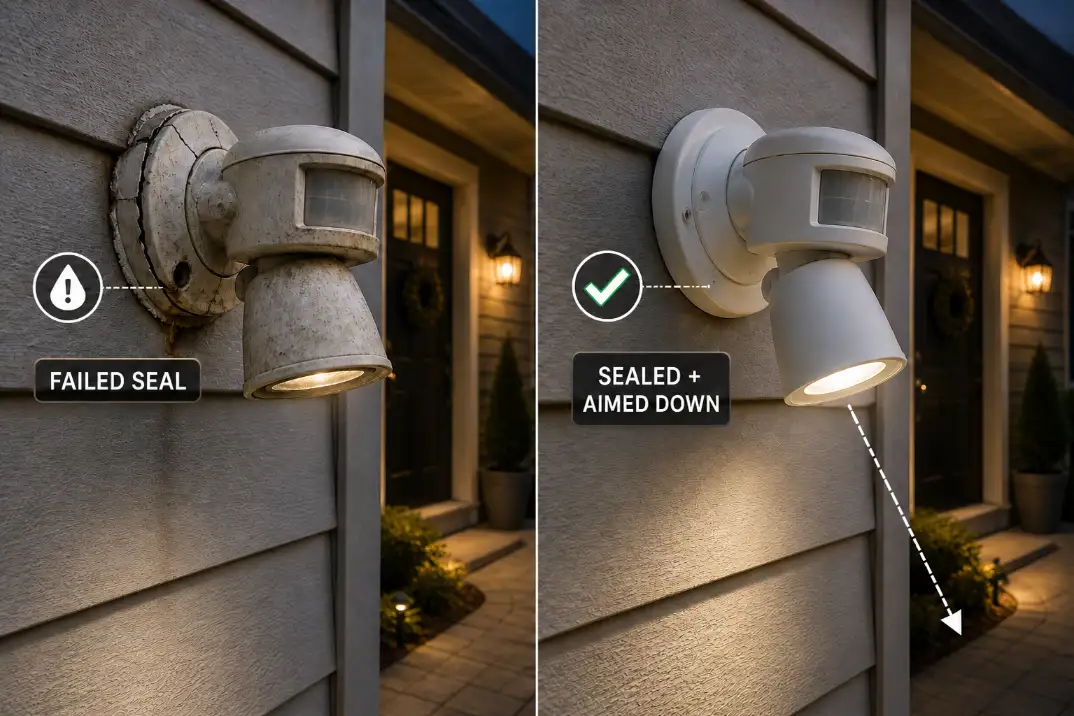 Before and after visual showing an outdoor motion light with a failed seal replaced by a properly sealed and downward aimed fixture