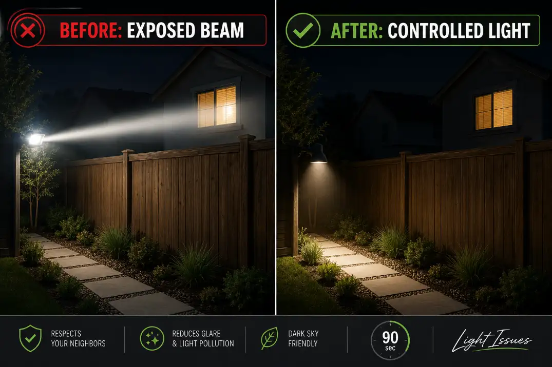 Before and after outdoor lighting correction showing an exposed beam crossing a fence changed to shielded light aimed downward.