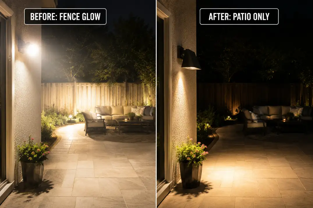 Before and after backyard light adjustment showing a floodlight changed from fence glare to shielded patio-only lighting.