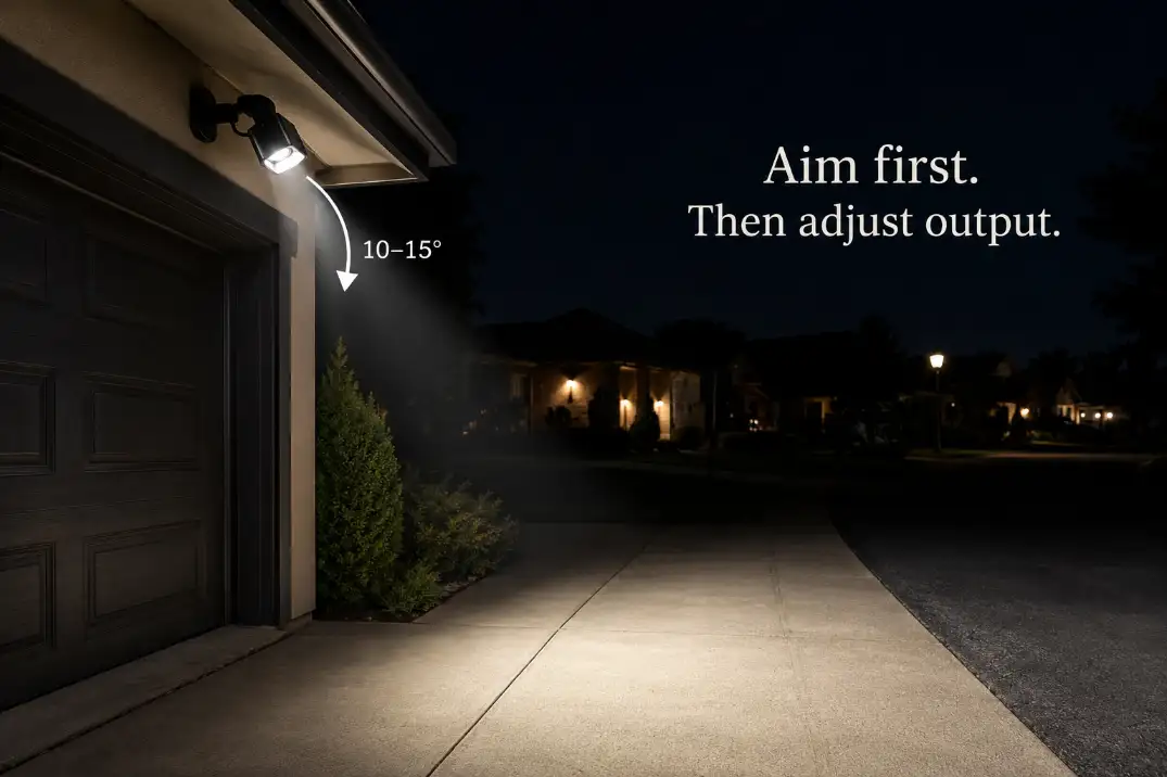 Outdoor floodlight aimed downward onto a driveway to reduce glare before increasing brightness.