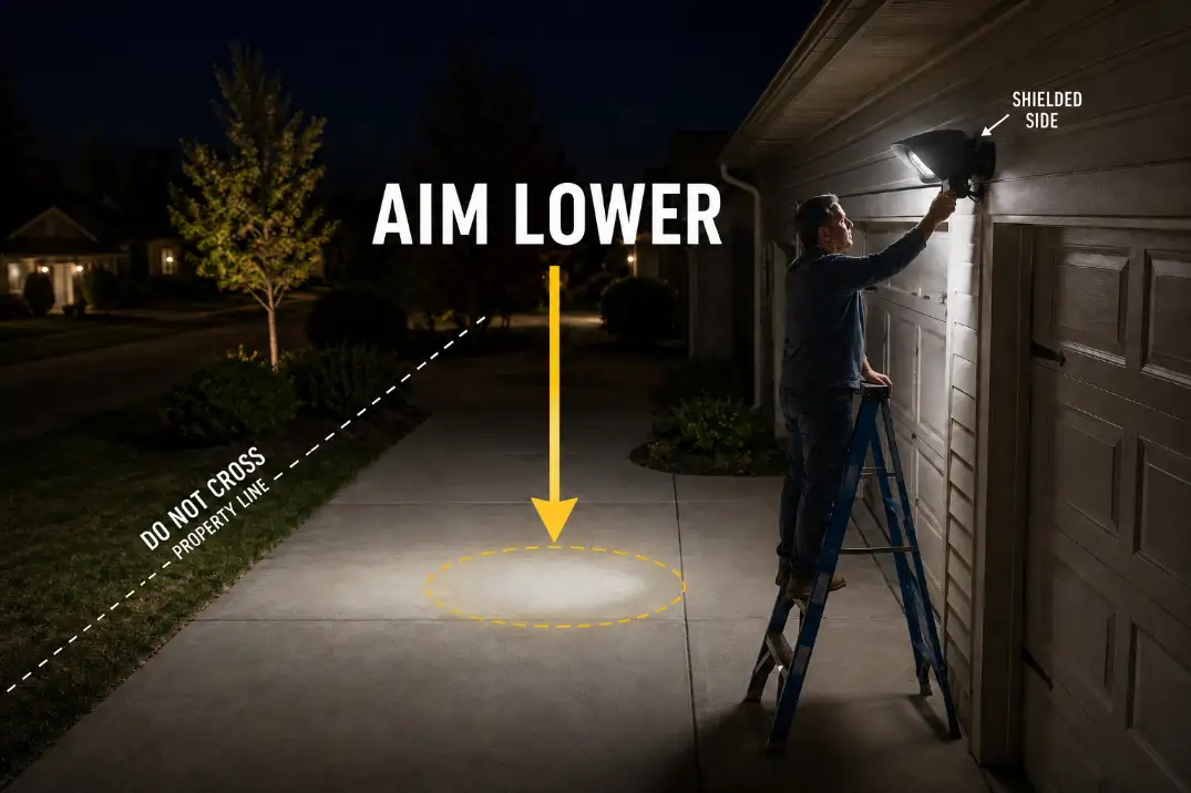 Homeowner adjusting a motion sensor light downward so the beam stays on the driveway instead of crossing the property line