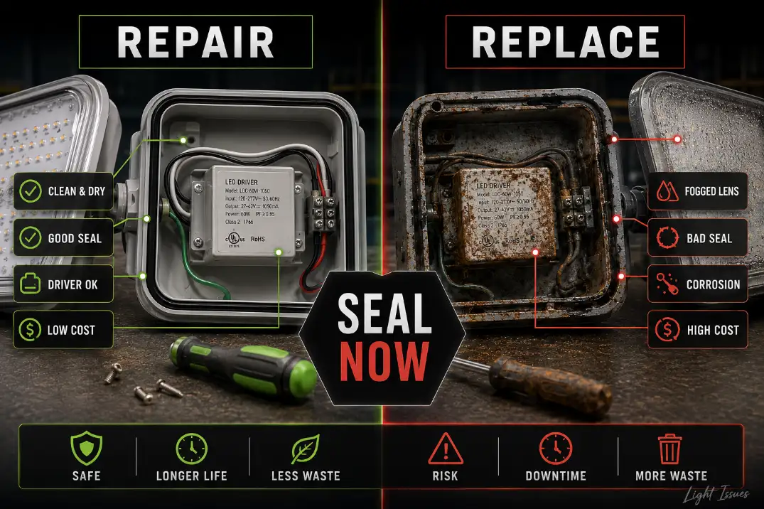 Comparison showing when an LED flood light can be repaired versus when corroded electronics and damaged seals mean replacement is better