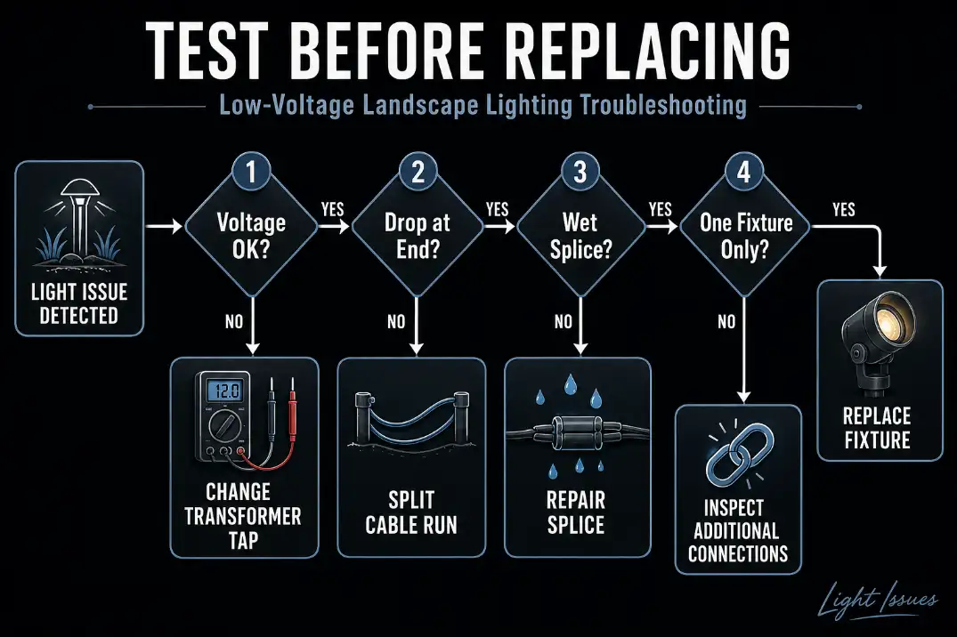 Decision tree for diagnosing low voltage landscape lighting problems before replacing fixtures.
