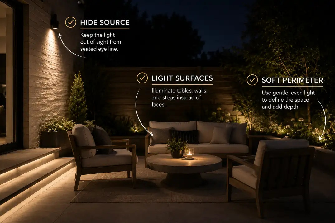 Corrected patio lighting with a hidden source, softly lit table surface, visible step edge, and low perimeter light for comfort and privacy.