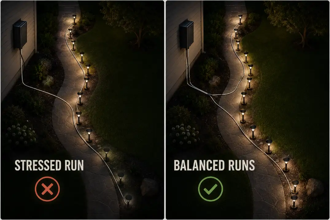 Comparison diagram showing landscape lights overloaded on one long transformer run versus divided into balanced runs.