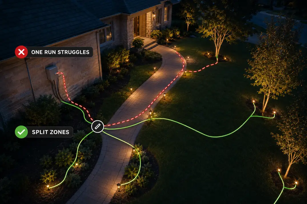 Landscape lighting layout showing separate branch paths for walkway lights and tree uplights instead of forcing one long daisy chain.