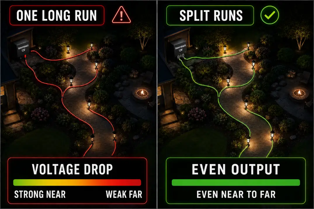 Comparison of one long landscape lighting cable run versus split low voltage runs for more even fixture voltage.