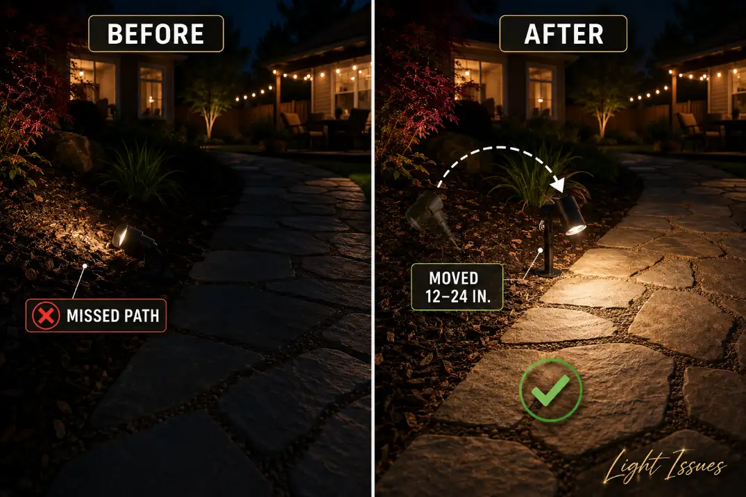 Before and after outdoor path light repositioning showing the fixture moved 12 to 24 inches so light reaches the walkway.