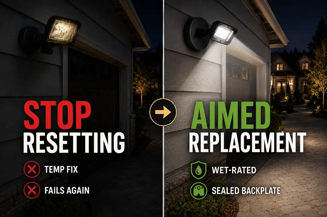 Before and after view of a failed sealed outdoor LED flood light replaced with a properly aimed wet-location LED fixture.